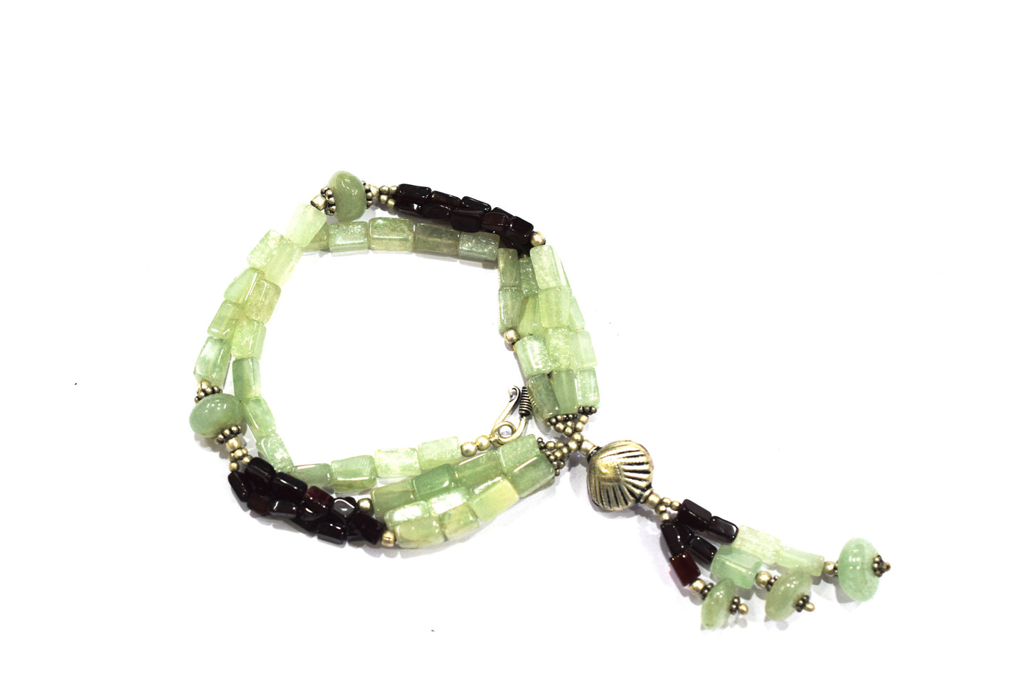 Natural Green Aventurine & Garnet Beaded Drop Tassel Necklace, Boho Chic Gemstone Jewelry,32909
