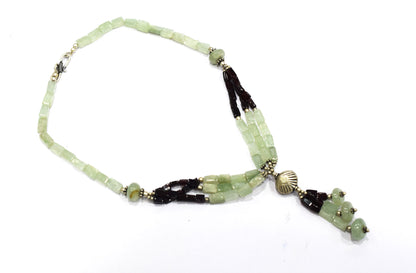 Natural Green Aventurine & Garnet Beaded Drop Tassel Necklace, Boho Chic Gemstone Jewelry,32909