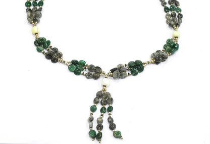 Natural Rutilated Quartz & Aventurine Beaded Drop Tassel Necklace, Earthy Boho Statement Jewelry,32910