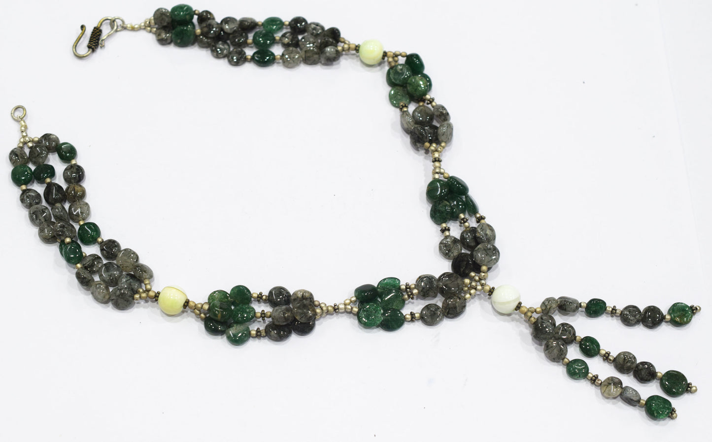 Natural Rutilated Quartz & Aventurine Beaded Drop Tassel Necklace, Earthy Boho Statement Jewelry,32910