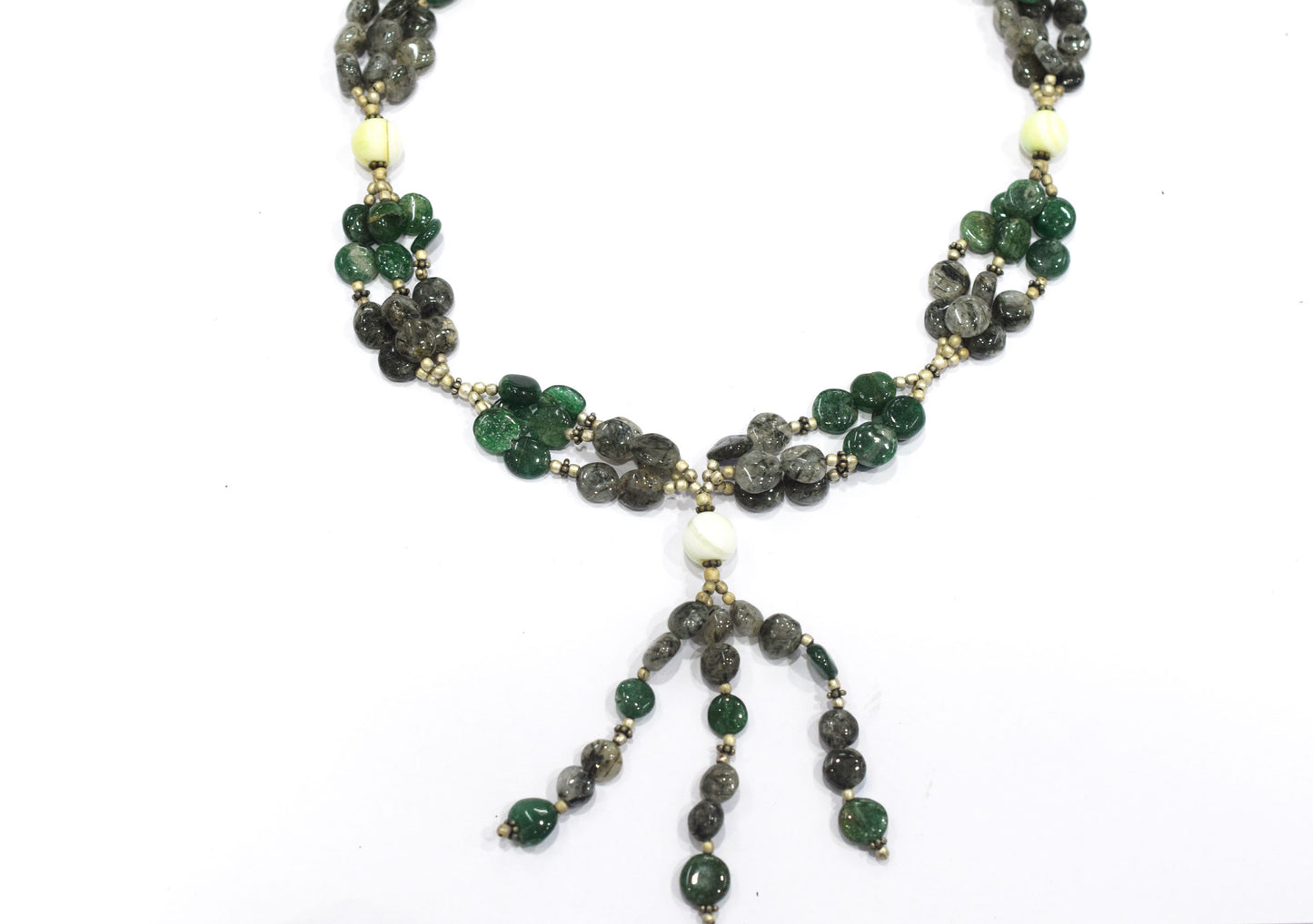 Natural Rutilated Quartz & Aventurine Beaded Drop Tassel Necklace, Earthy Boho Statement Jewelry,32910