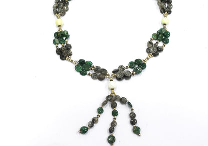 Natural Rutilated Quartz & Aventurine Beaded Drop Tassel Necklace, Earthy Boho Statement Jewelry,32910