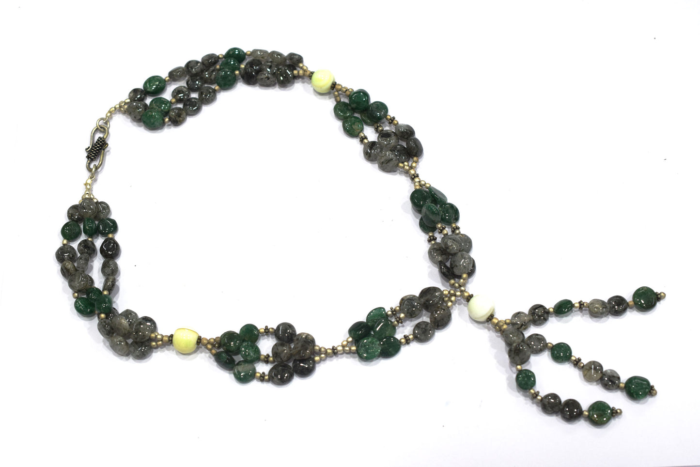 Natural Rutilated Quartz & Aventurine Beaded Drop Tassel Necklace, Earthy Boho Statement Jewelry,32910