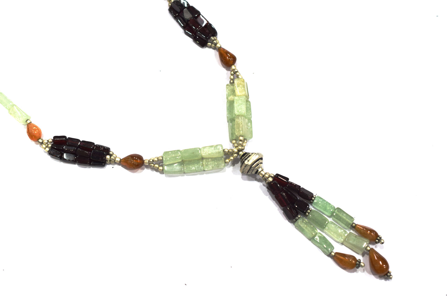 Natural Green Aventurine & Red Garnet Beaded Drop Tassel Necklace, Boho Chic Hesonite Jewelry,32911