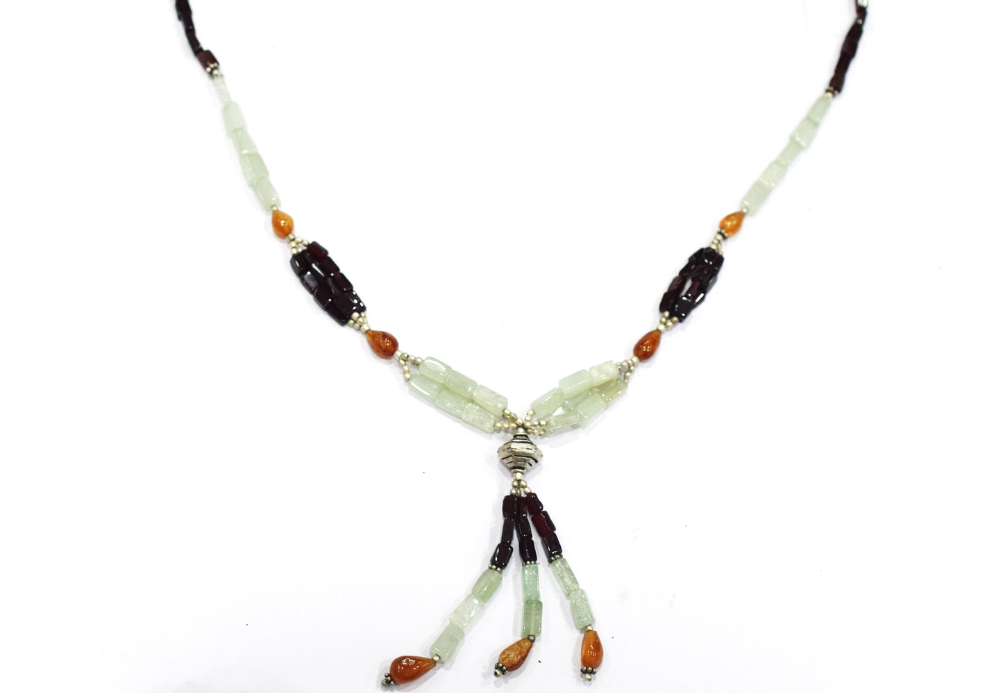 Natural Green Aventurine & Red Garnet Beaded Drop Tassel Necklace, Boho Chic Hesonite Jewelry,32911