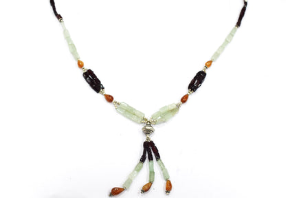 Natural Green Aventurine & Red Garnet Beaded Drop Tassel Necklace, Boho Chic Hesonite Jewelry,32911