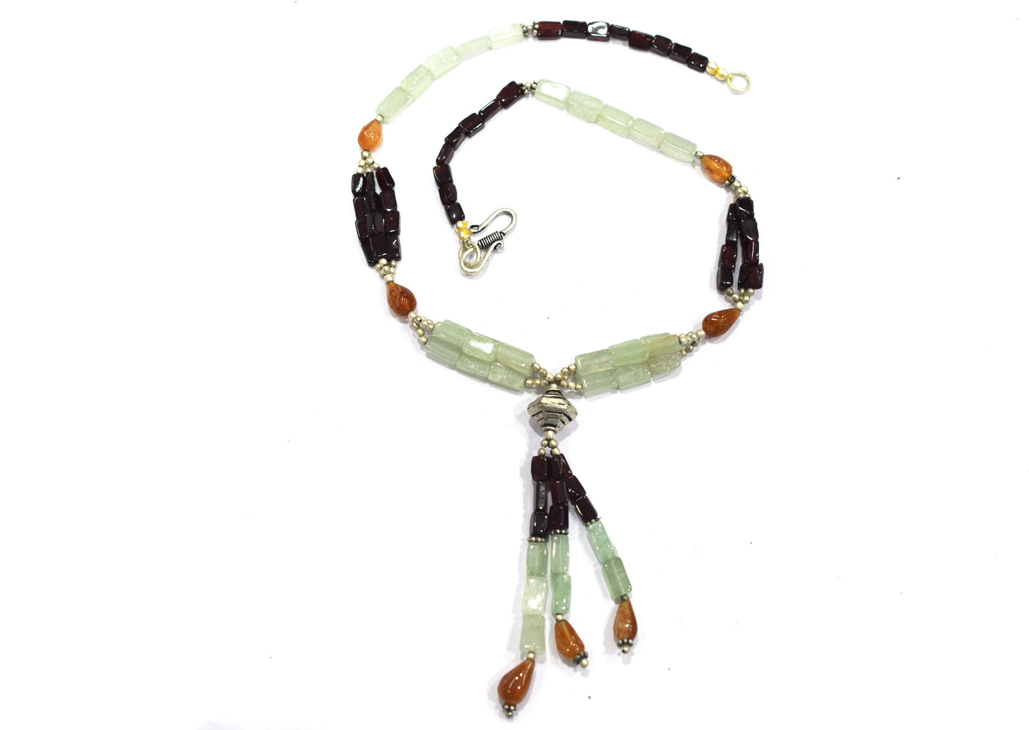 Natural Green Aventurine & Red Garnet Beaded Drop Tassel Necklace, Boho Chic Hesonite Jewelry,32911