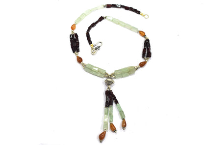 Natural Green Aventurine & Red Garnet Beaded Drop Tassel Necklace, Boho Chic Hesonite Jewelry,32911