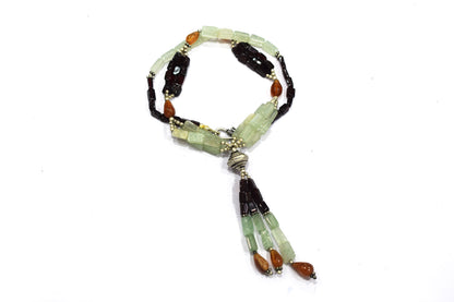 Natural Green Aventurine & Red Garnet Beaded Drop Tassel Necklace, Boho Chic Hesonite Jewelry,32911