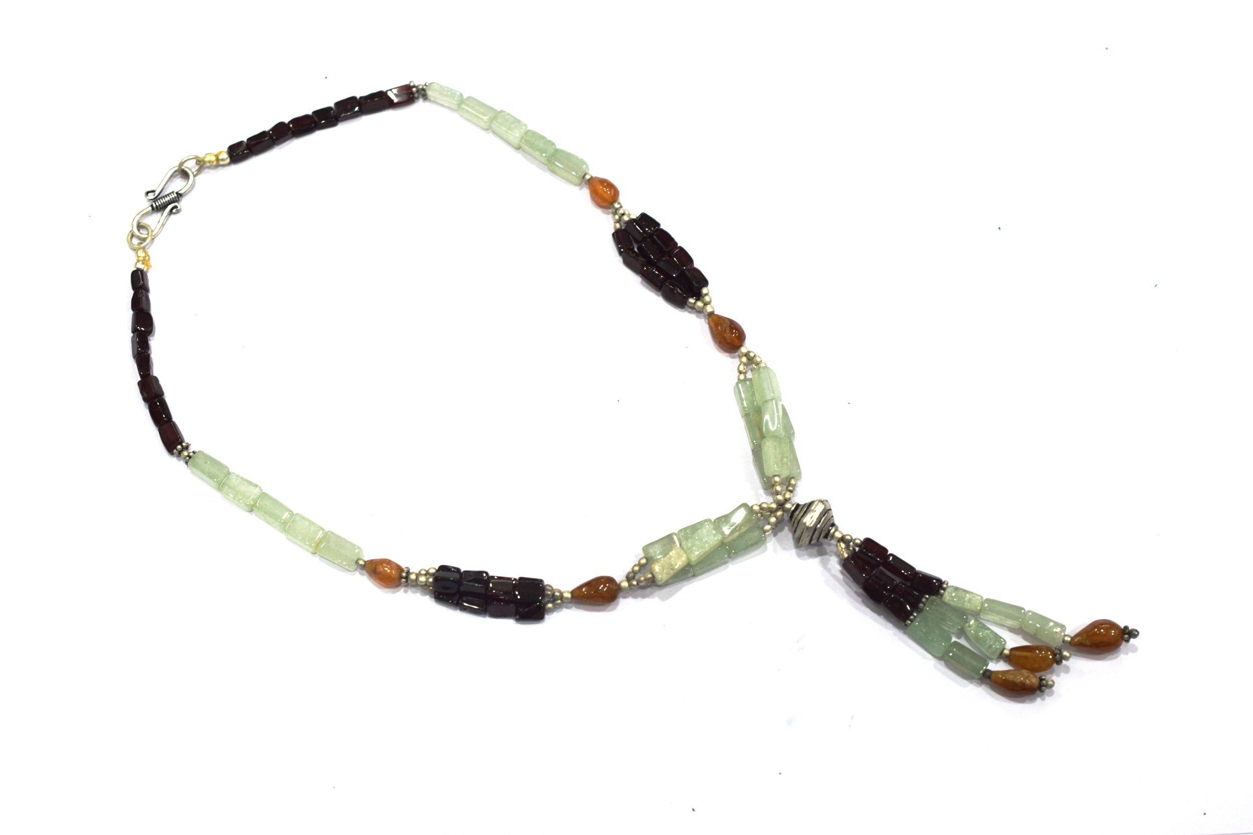 Natural Green Aventurine & Red Garnet Beaded Drop Tassel Necklace, Boho Chic Hesonite Jewelry,32911