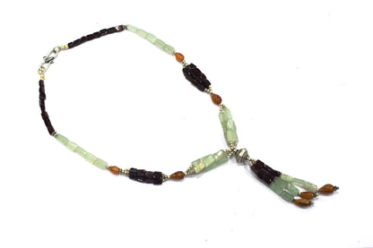 Natural Green Aventurine & Red Garnet Beaded Drop Tassel Necklace, Boho Chic Hesonite Jewelry,32911