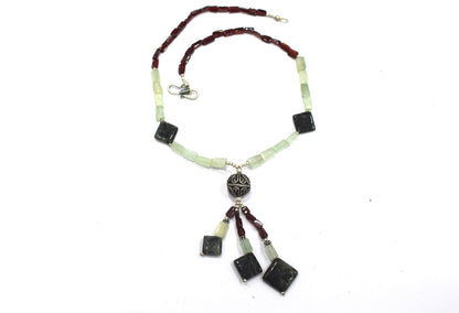 Natural Green Aventurine & Red Garnet Beaded Drop Tassel Necklace, Boho Chic Rutile Jewelry,32913