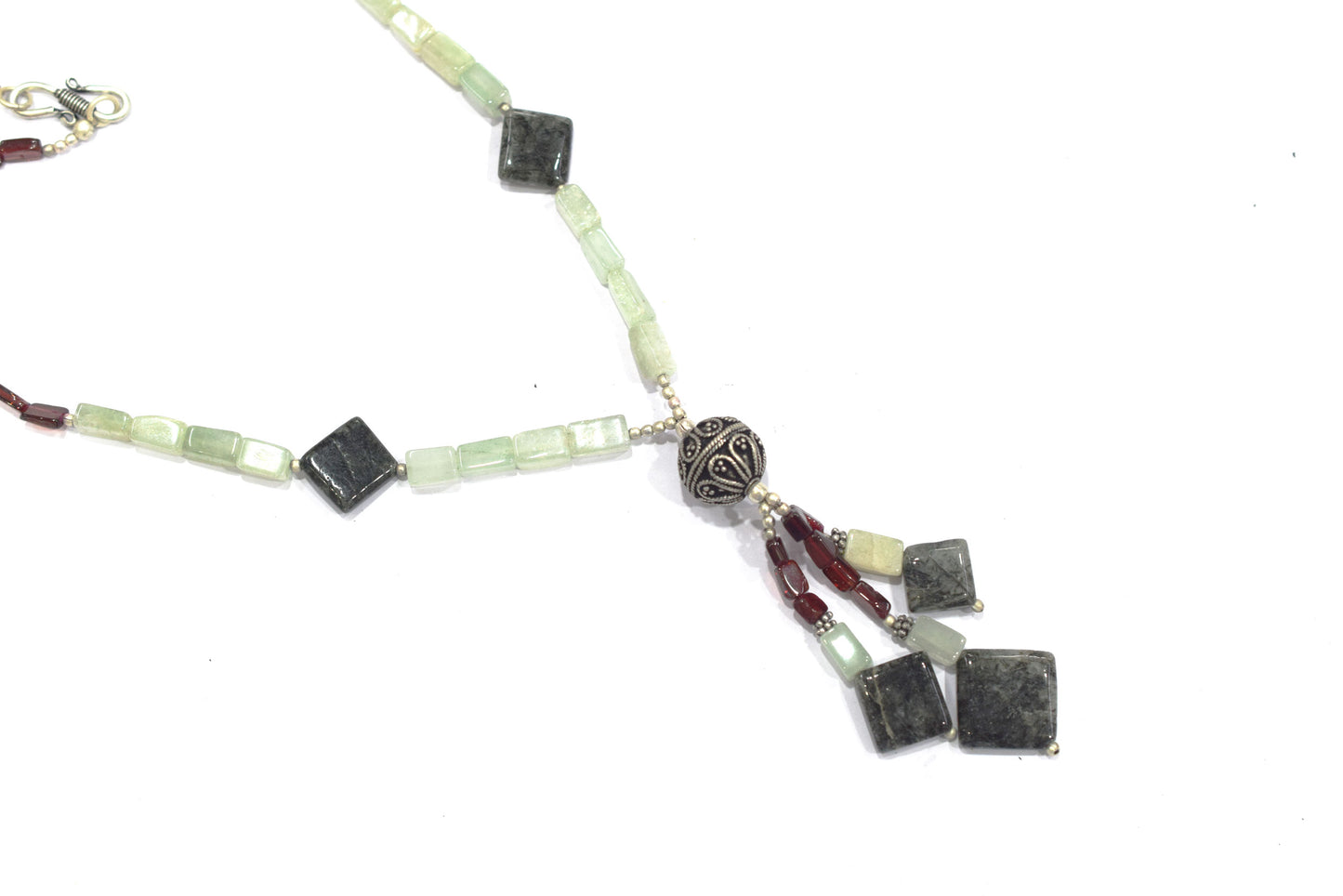 Natural Green Aventurine & Red Garnet Beaded Drop Tassel Necklace, Boho Chic Rutile Jewelry,32913