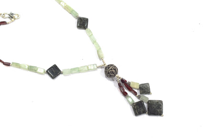 Natural Green Aventurine & Red Garnet Beaded Drop Tassel Necklace, Boho Chic Rutile Jewelry,32913