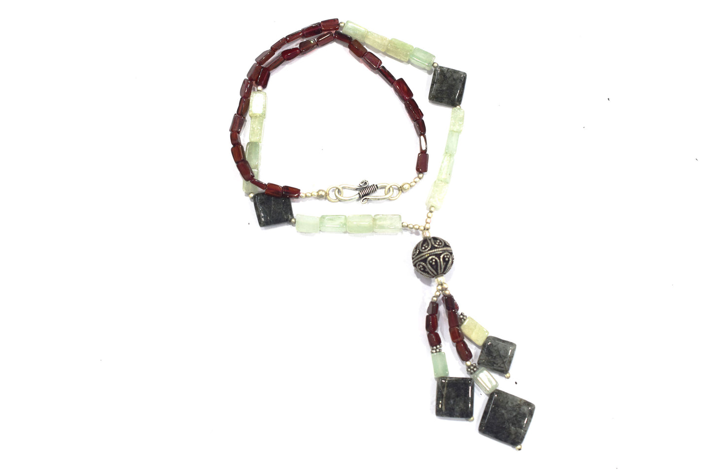 Natural Green Aventurine & Red Garnet Beaded Drop Tassel Necklace, Boho Chic Rutile Jewelry,32913