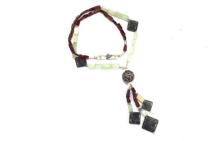 Natural Green Aventurine & Red Garnet Beaded Drop Tassel Necklace, Boho Chic Rutile Jewelry,32913