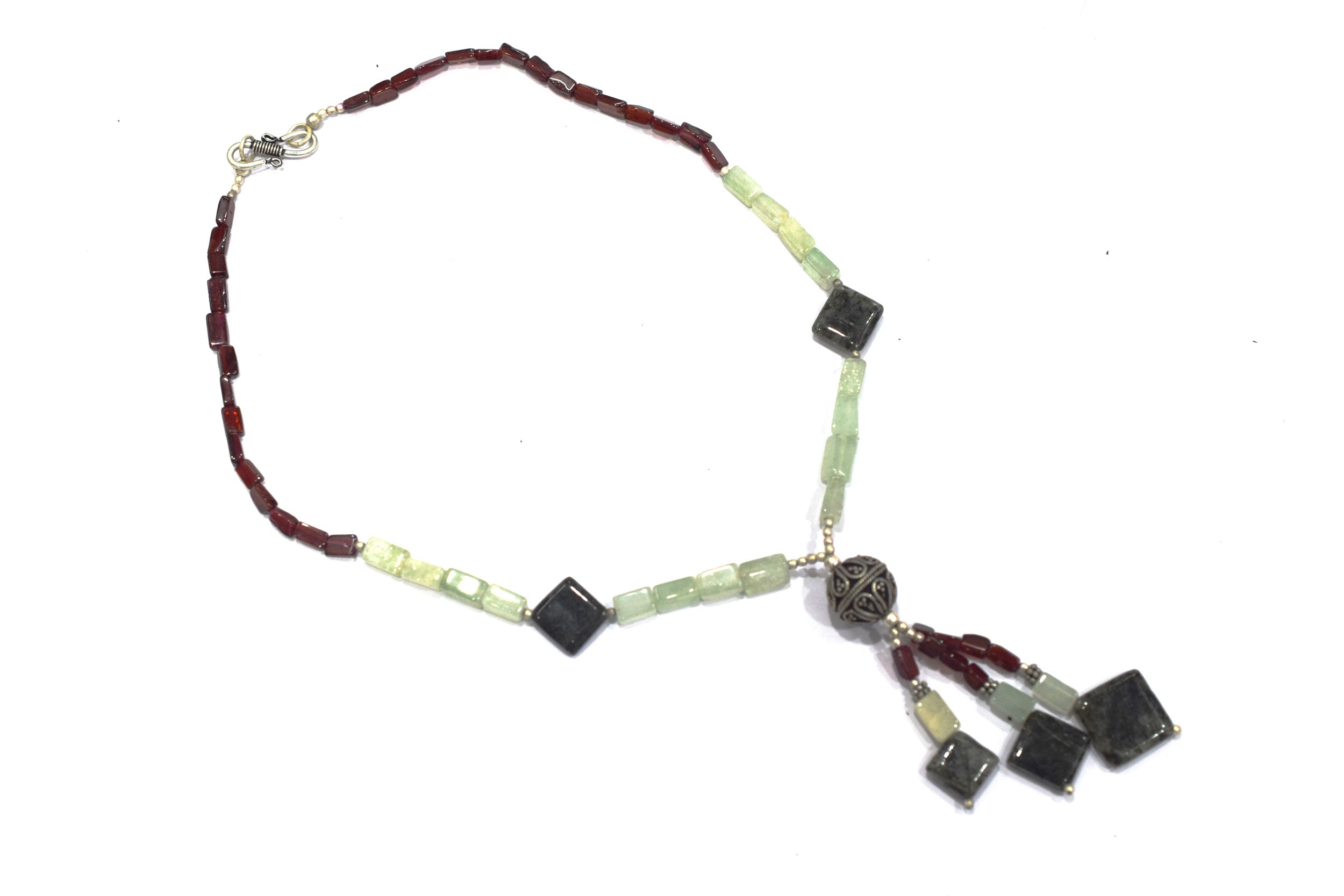 Natural Green Aventurine & Red Garnet Beaded Drop Tassel Necklace, Boho Chic Rutile Jewelry,32913