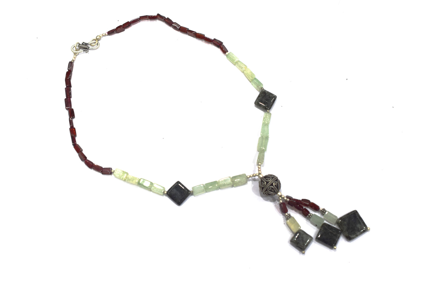 Natural Green Aventurine & Red Garnet Beaded Drop Tassel Necklace, Boho Chic Rutile Jewelry,32913