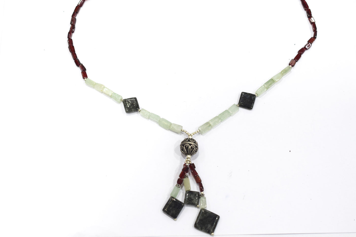 Natural Green Aventurine & Red Garnet Beaded Drop Tassel Necklace, Boho Chic Rutile Jewelry,32913
