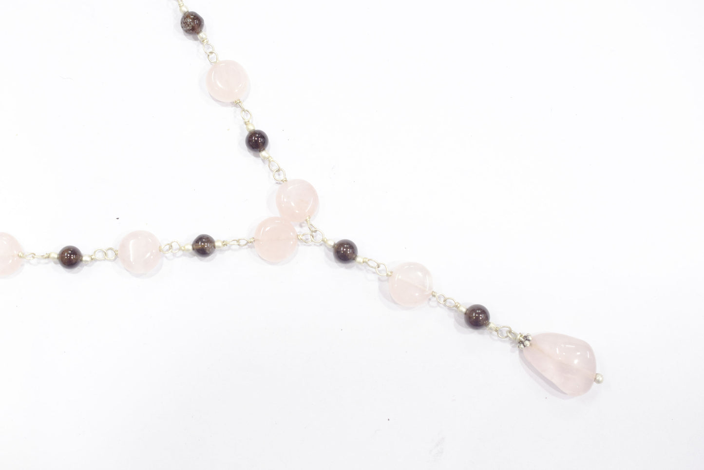 Delicate Pink Rose Quartz & Smoky Quartz Rosary Chain Necklace, Dainty Boho Drop Jewelry,32914
