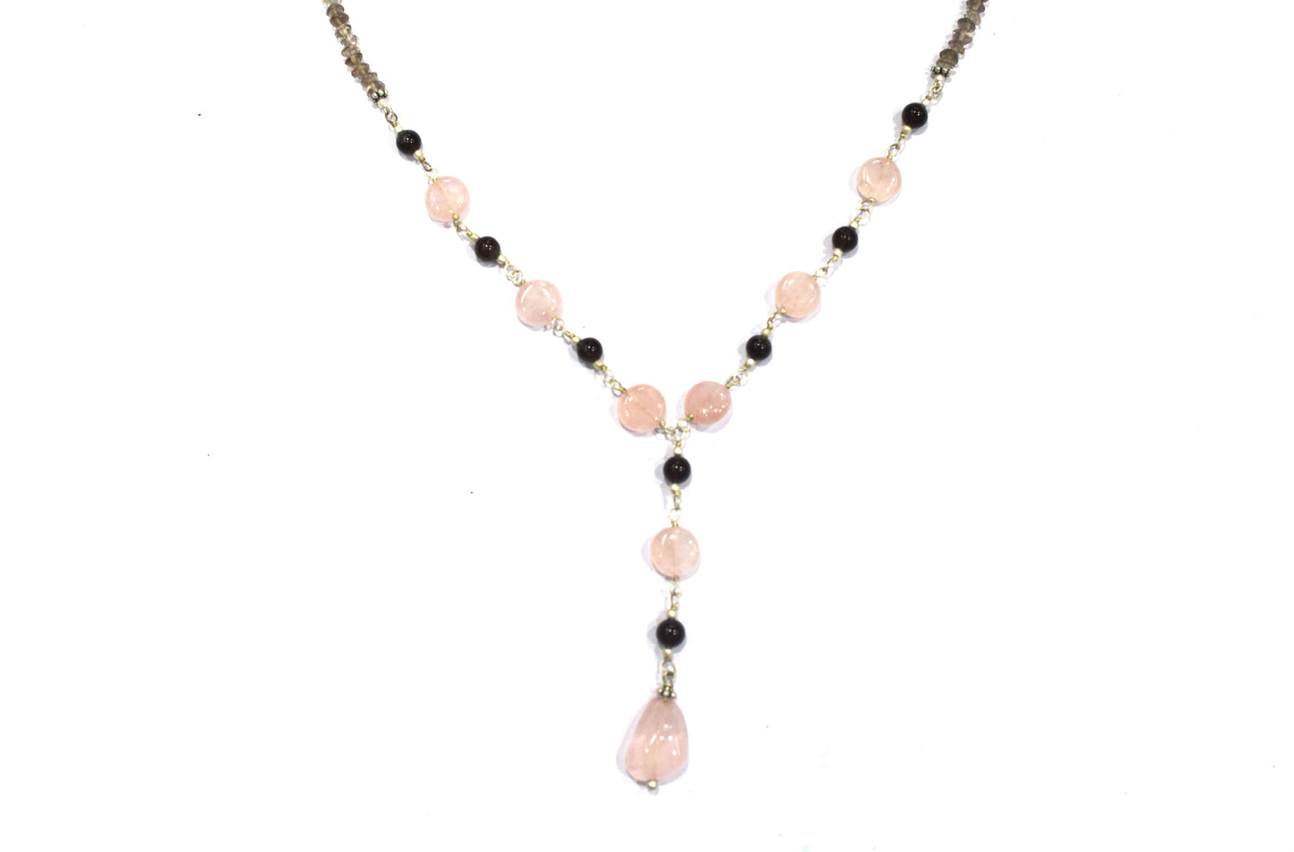 Delicate Pink Rose Quartz & Smoky Quartz Rosary Chain Necklace, Dainty Boho Drop Jewelry,32914