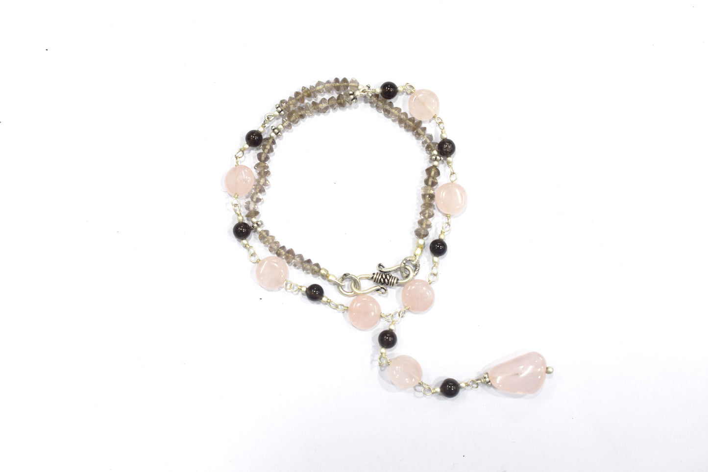Delicate Pink Rose Quartz & Smoky Quartz Rosary Chain Necklace, Dainty Boho Drop Jewelry,32914