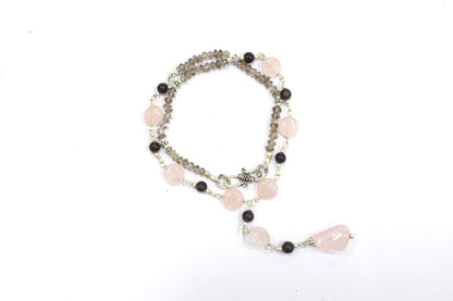 Delicate Pink Rose Quartz & Smoky Quartz Rosary Chain Necklace, Dainty Boho Drop Jewelry,32914