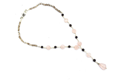 Delicate Pink Rose Quartz & Smoky Quartz Rosary Chain Necklace, Dainty Boho Drop Jewelry,32914