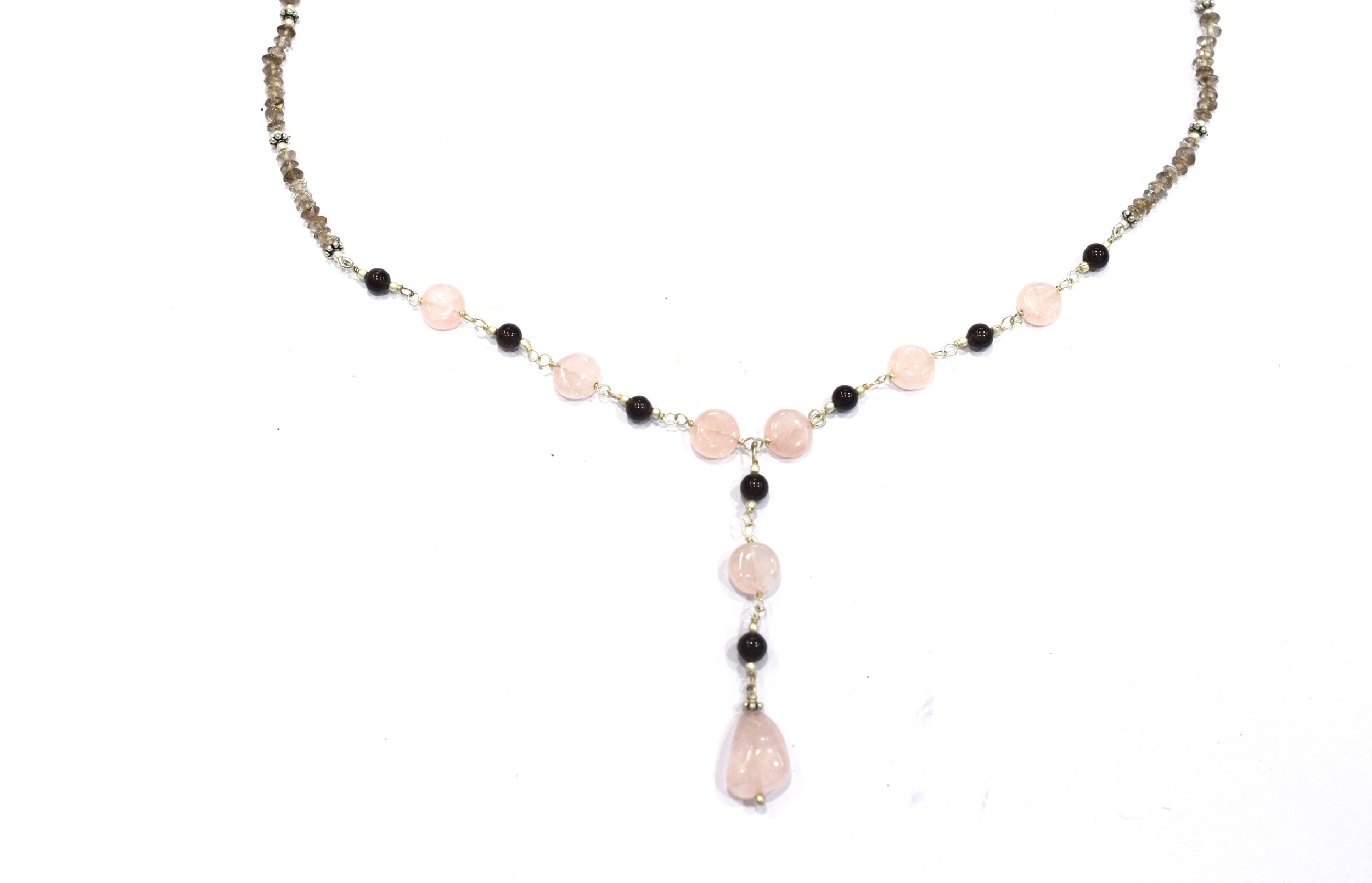 Delicate Pink Rose Quartz & Smoky Quartz Rosary Chain Necklace, Dainty Boho Drop Jewelry,32914