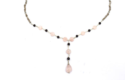 Delicate Pink Rose Quartz & Smoky Quartz Rosary Chain Necklace, Dainty Boho Drop Jewelry,32914