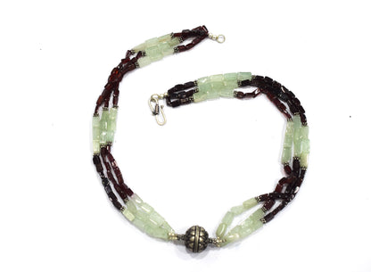 Natural Green Aventurine & Red Garnet Layered Choker, Boho Chic Three-Strand Gemstone Necklace,32915
