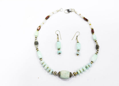 Natural Blue Opal, White Agate, and Jasper Beaded Statement Necklace and Earrings Jewelry Set,32917