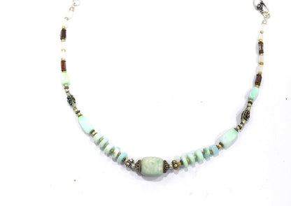 Natural Blue Opal, White Agate, and Jasper Beaded Statement Necklace and Earrings Jewelry Set,32917