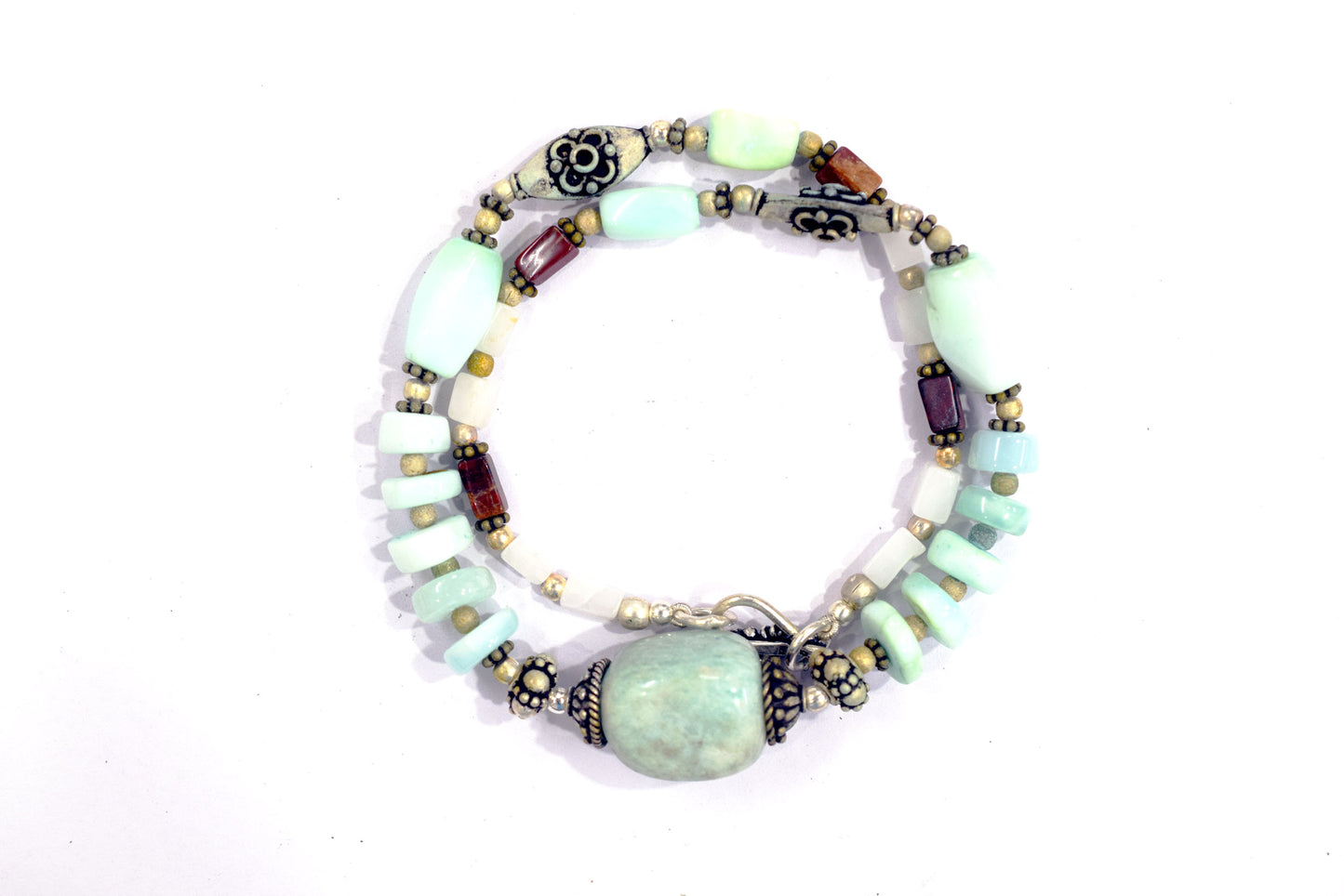 Natural Blue Opal, White Agate, and Jasper Beaded Statement Necklace and Earrings Jewelry Set,32917