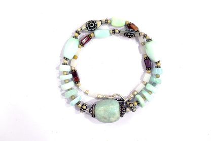 Natural Blue Opal, White Agate, and Jasper Beaded Statement Necklace and Earrings Jewelry Set,32917
