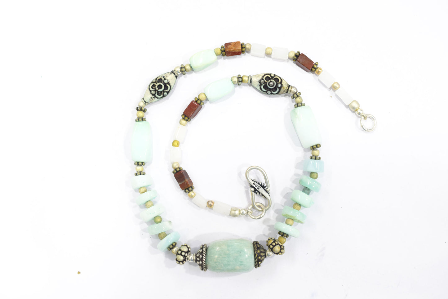 Natural Blue Opal, White Agate, and Jasper Beaded Statement Necklace and Earrings Jewelry Set,32917
