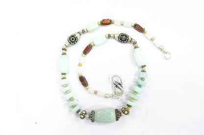 Natural Blue Opal, White Agate, and Jasper Beaded Statement Necklace and Earrings Jewelry Set,32917