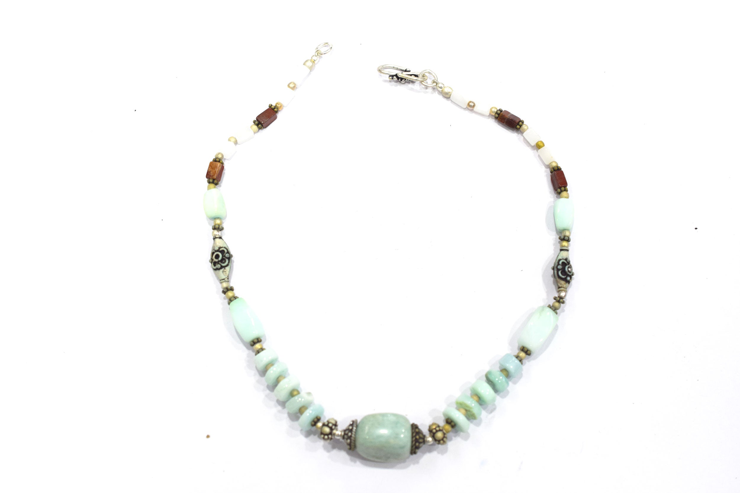 Natural Blue Opal, White Agate, and Jasper Beaded Statement Necklace and Earrings Jewelry Set,32917