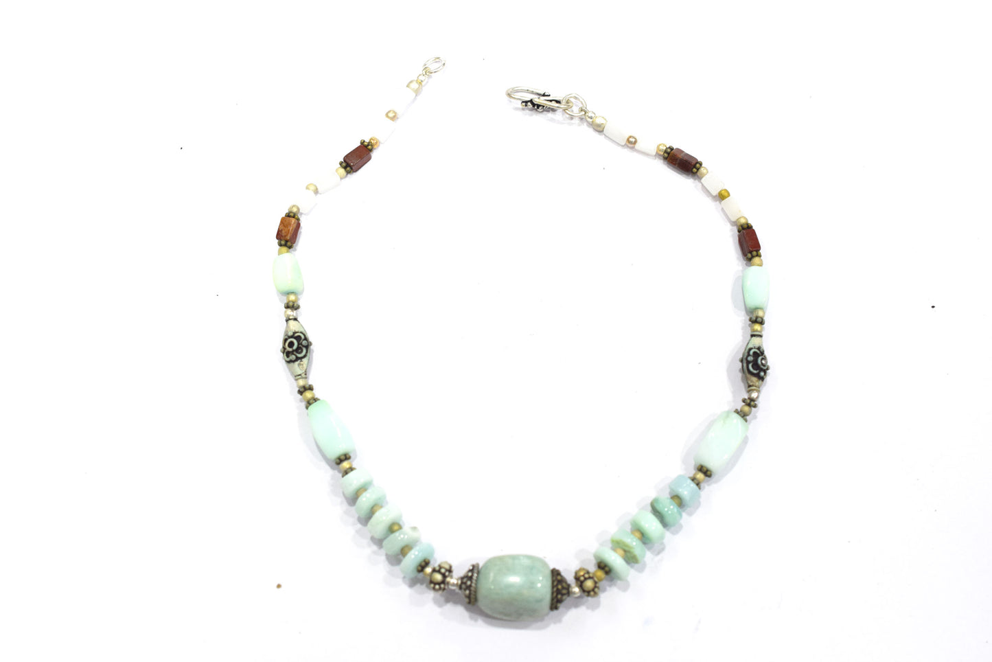Natural Blue Opal, White Agate, and Jasper Beaded Statement Necklace and Earrings Jewelry Set,32917