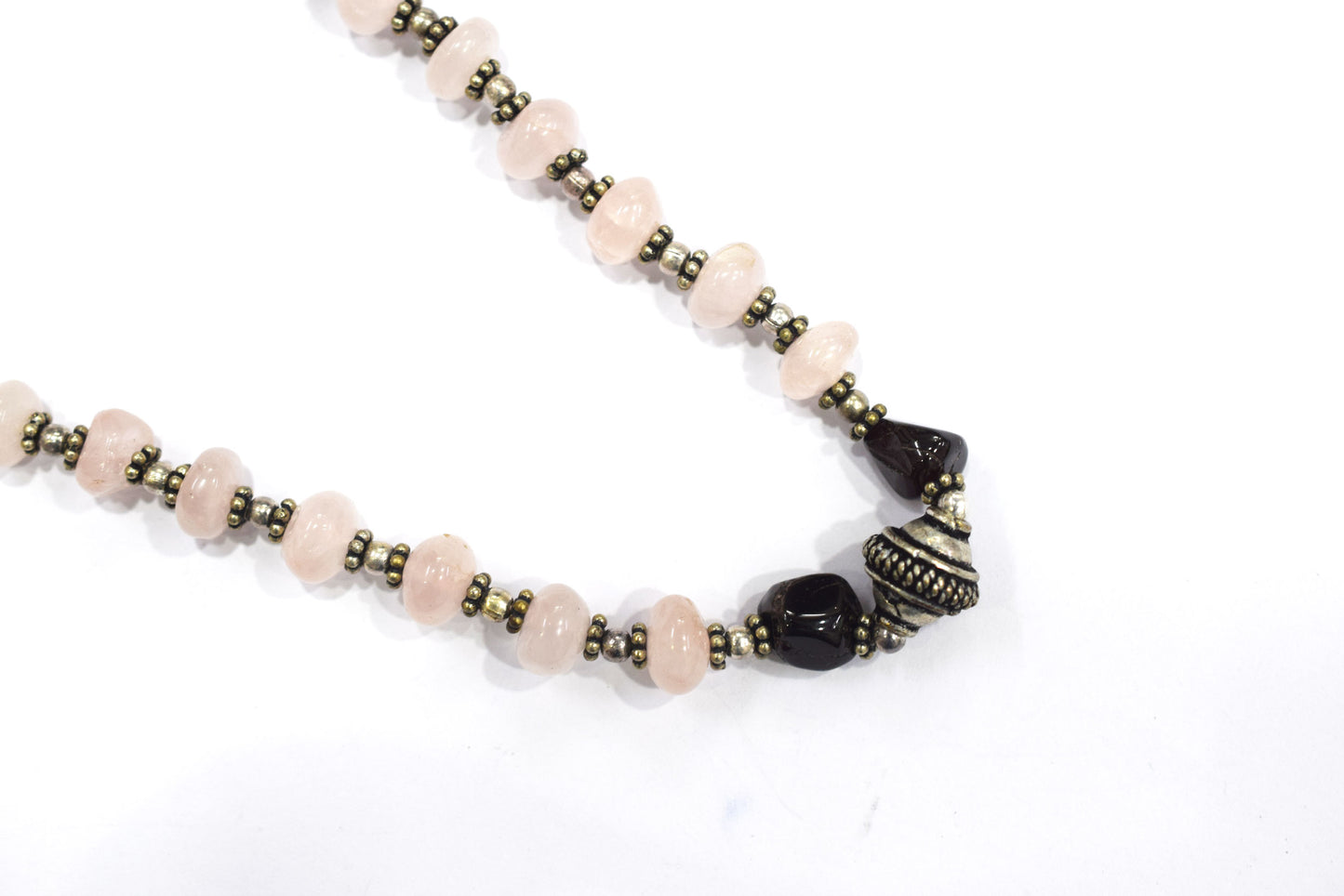 Handcrafted Rose Quartz and Garnet Beaded Gemstone Necklace with Oxidized Silver Accents,32918