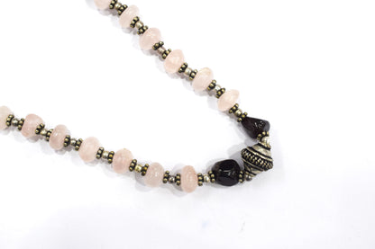Handcrafted Rose Quartz and Garnet Beaded Gemstone Necklace with Oxidized Silver Accents,32918