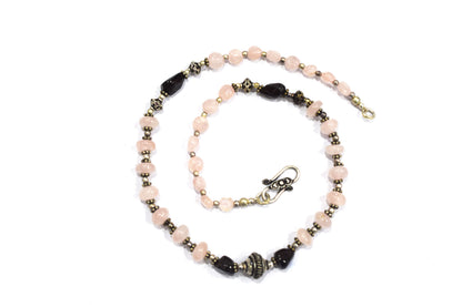 Handcrafted Rose Quartz and Garnet Beaded Gemstone Necklace with Oxidized Silver Accents,32918