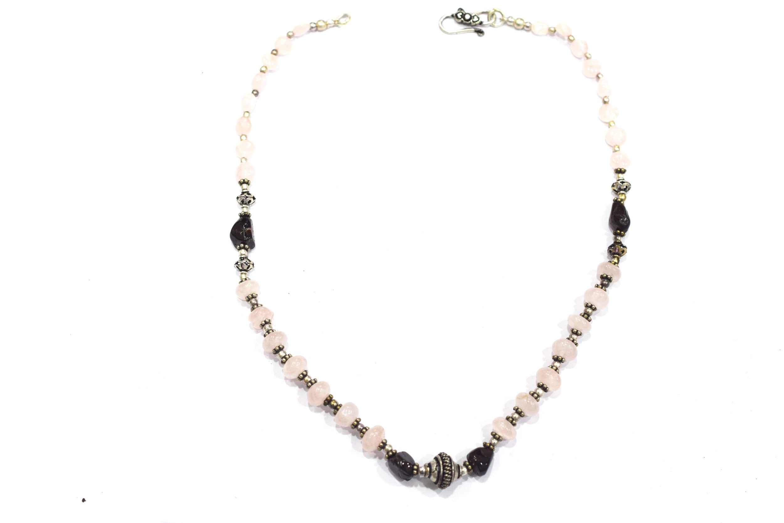 Handcrafted Rose Quartz and Garnet Beaded Gemstone Necklace with Oxidized Silver Accents,32918