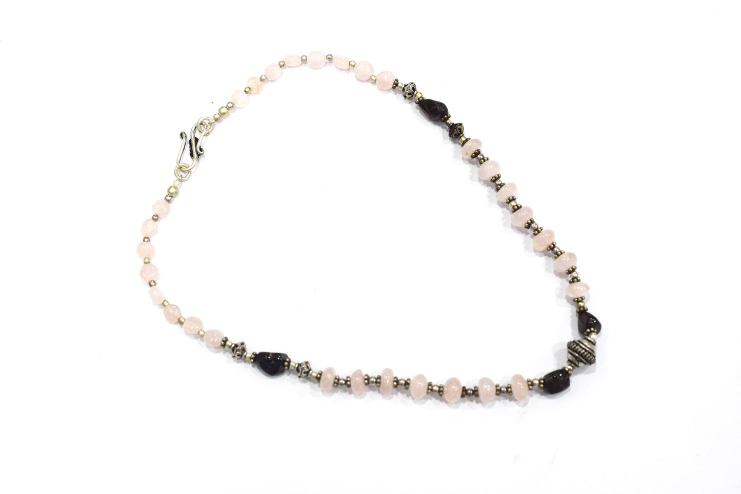 Handcrafted Rose Quartz and Garnet Beaded Gemstone Necklace with Oxidized Silver Accents,32918
