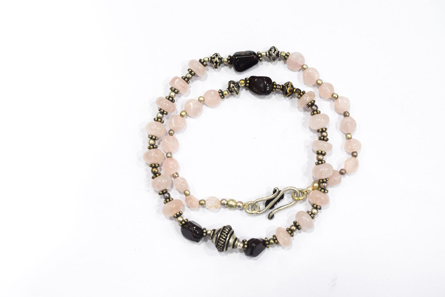 Handcrafted Rose Quartz and Garnet Beaded Gemstone Necklace with Oxidized Silver Accents,32918
