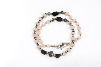 Handcrafted Rose Quartz and Garnet Beaded Gemstone Necklace with Oxidized Silver Accents,32918