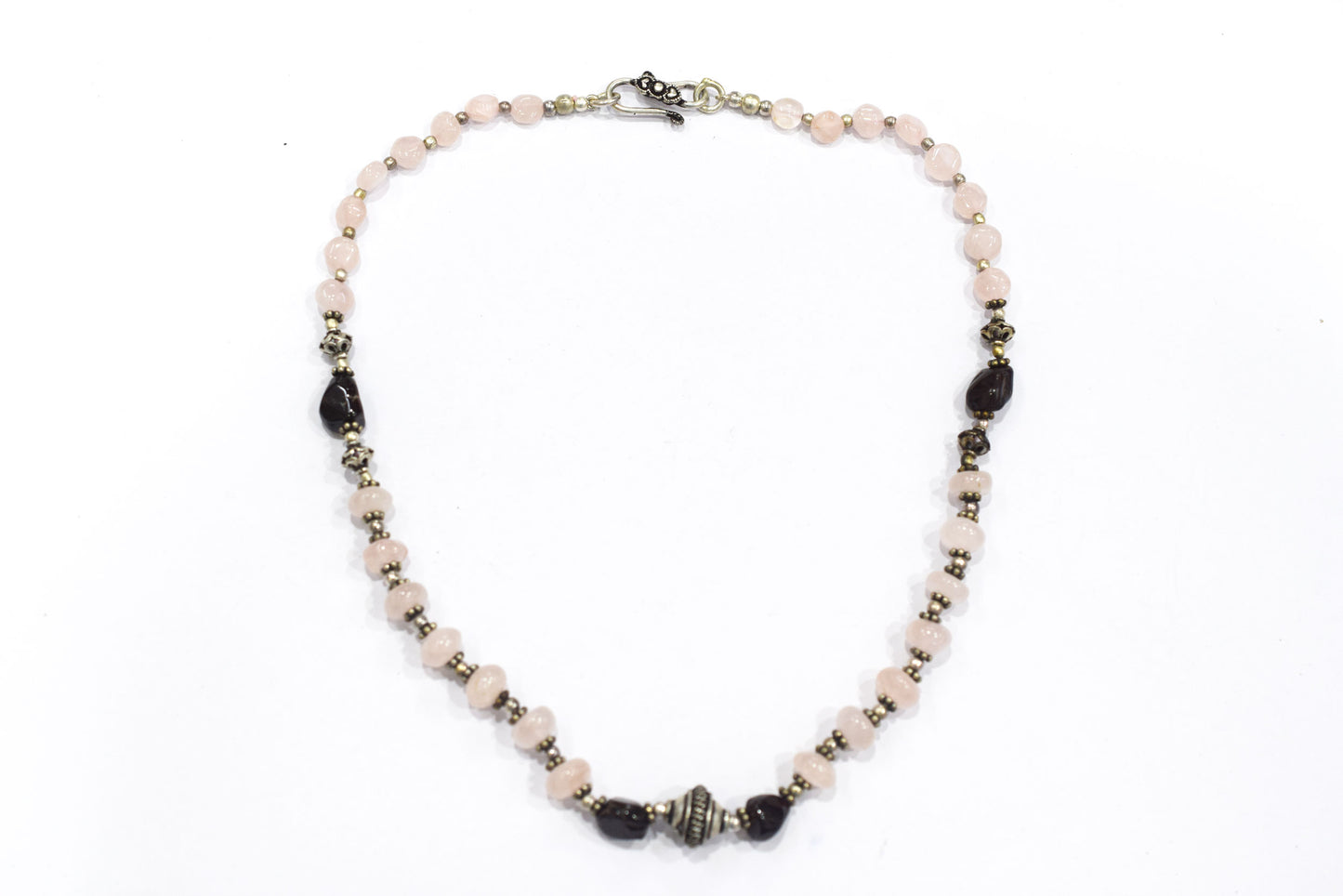 Handcrafted Rose Quartz and Garnet Beaded Gemstone Necklace with Oxidized Silver Accents,32918