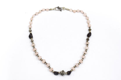 Handcrafted Rose Quartz and Garnet Beaded Gemstone Necklace with Oxidized Silver Accents,32918