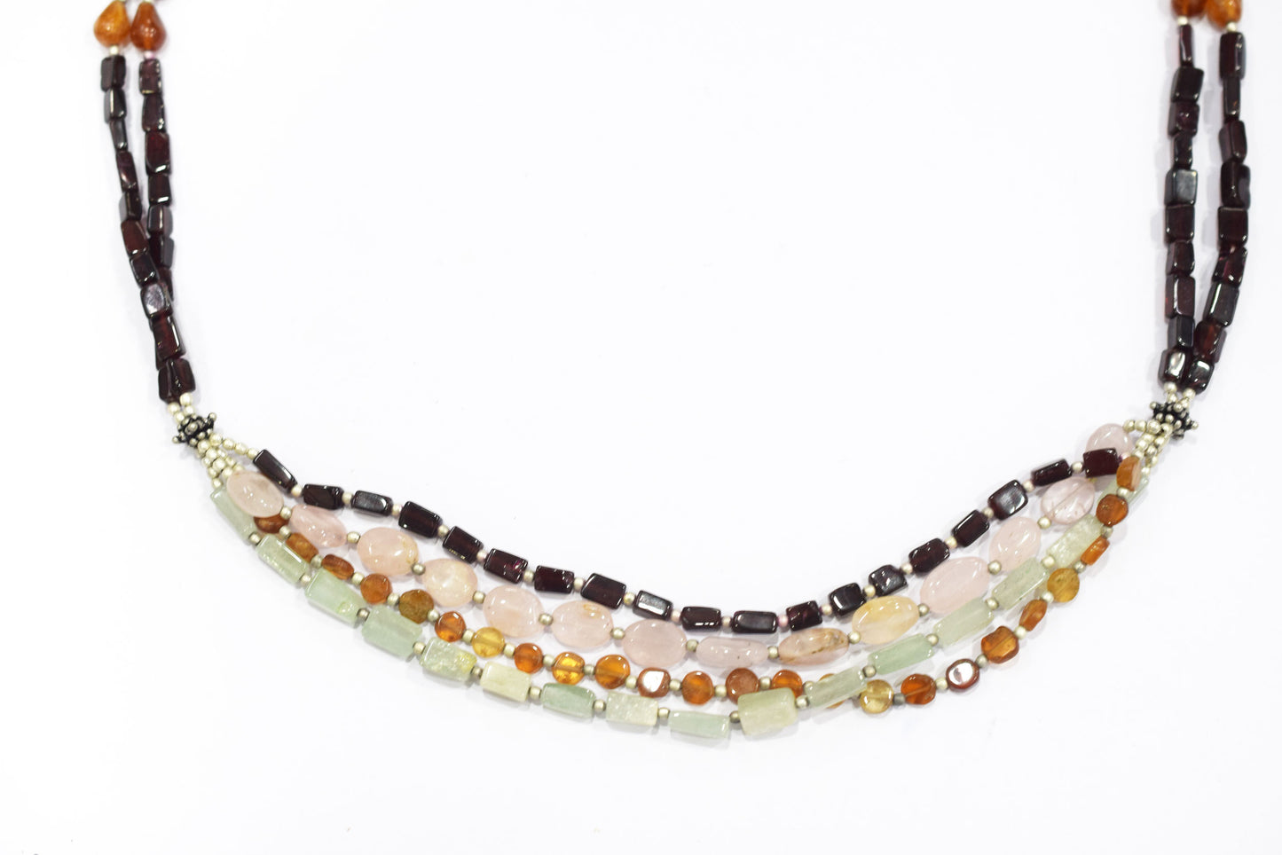 Multi-Strand Gemstone Statement Necklace with Rose Quartz, Hessonite, Aventurine & Garnet,32919