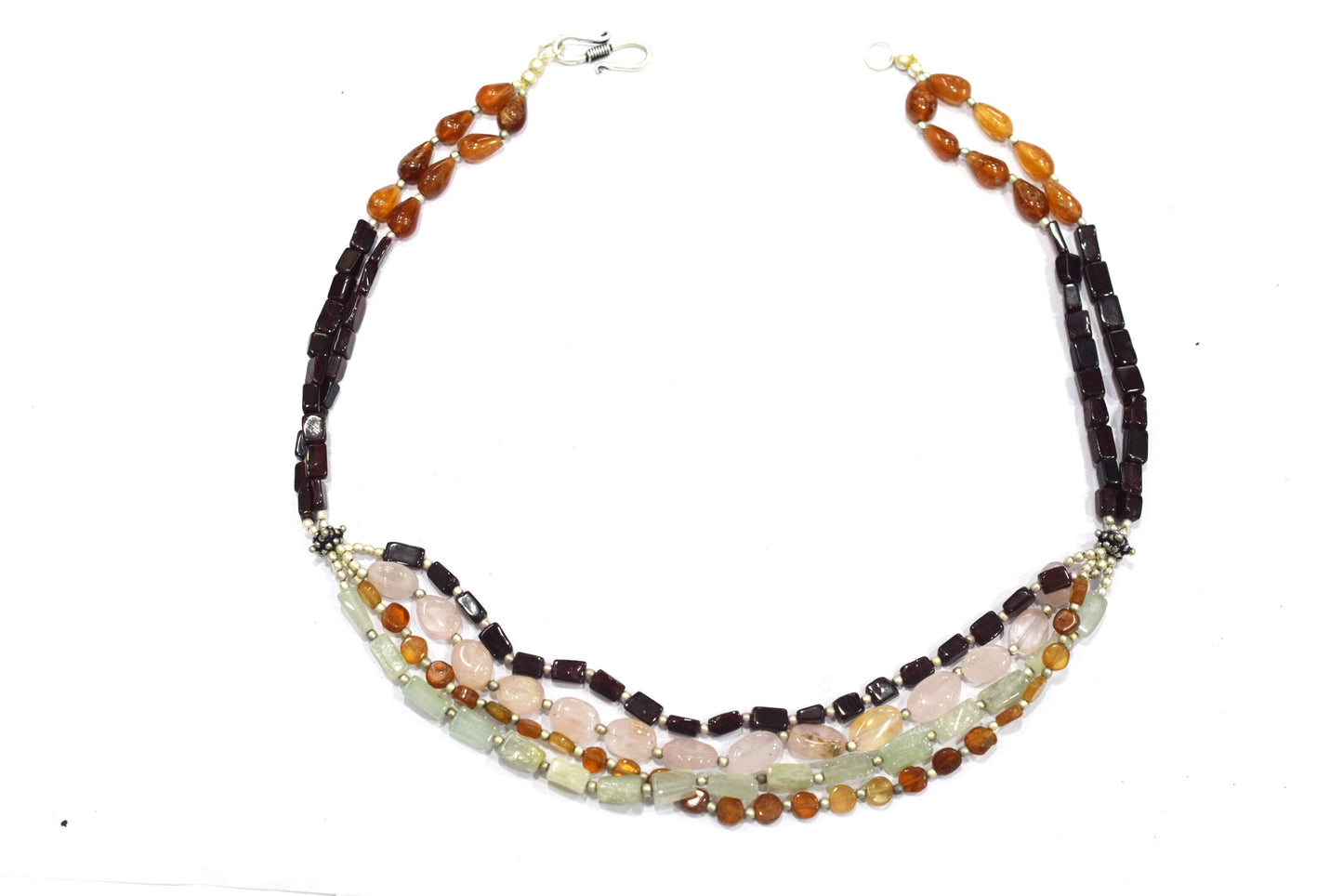 Multi-Strand Gemstone Statement Necklace with Rose Quartz, Hessonite, Aventurine & Garnet,32919
